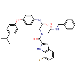 Chemical structure of N-(2-(benzylamino)-2-oxoethyl)-7-fluoro-N-(2-((4-(4-isopropylphenoxy)phenyl)amino)-2-oxoethyl)-1H-indole-2-carboxamide , CAS 2671790-97-7, AChemBlock X189530