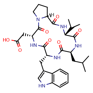 Chemical structure of 2-((3R,6S,9R,12R,17aS)-9-((1H-indol-3-yl)methyl)-6-isobutyl-3-isopropyl-1,4,7,10,13-pentaoxohexadecahydro-1H-pyrrolo[1,2-a][1,4,7,10,13]pentaazacyclopentadecin-12-yl)acetic acid , CAS 136553-81-6, AChemBlock X189535