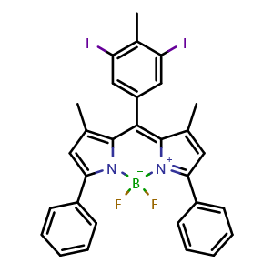 Chemical structure of 10-(3,5-diiodo-4-methylphenyl)-5,5-difluoro-1,9-dimethyl-3,7-diphenyl-5H-4l4,5l4-dipyrrolo[1,2-c:2',1'-f][1,3,2]diazaborinine , AChemBlock X189541