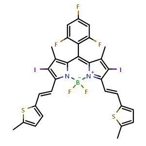 Chemical structure of 5,5-difluoro-2,8-diiodo-1,9-dimethyl-3,7-bis((E)-2-(5-methylthiophen-2-yl)vinyl)-10-(2,4,6-trifluorophenyl)-5H-4l4,5l4-dipyrrolo[1,2-c:2',1'-f][1,3,2]diazaborinine , AChemBlock X189551