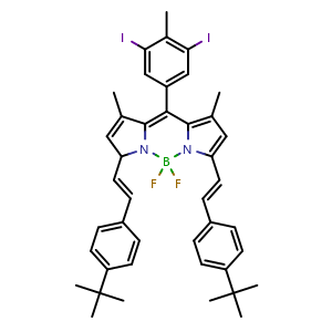 Chemical structure of 3,7-bis((E)-4-(tert-butyl)styryl)-10-(3,5-diiodo-4-methylphenyl)-5,5-difluoro-1,9-dimethyl-5H-4l4,5l4-dipyrrolo[1,2-c:2',1'-f][1,3,2]diazaborinine , AChemBlock X189559