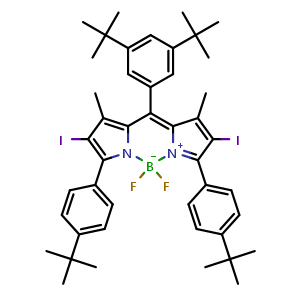 Chemical structure of 3,7-bis(4-(tert-butyl)phenyl)-10-(3,5-di-tert-butylphenyl)-5,5-difluoro-2,8-diiodo-1,9-dimethyl-5H-4l4,5l4-dipyrrolo[1,2-c:2',1'-f][1,3,2]diazaborinine , AChemBlock X189563