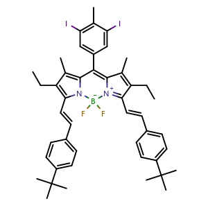 Chemical structure of 3,7-bis((E)-4-(tert-butyl)styryl)-10-(3,5-diiodo-4-methylphenyl)-2,8-diethyl-5,5-difluoro-1,9-dimethyl-5H-4l4,5l4-dipyrrolo[1,2-c:2',1'-f][1,3,2]diazaborinine , AChemBlock X189567