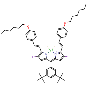Chemical structure of 10-(3,5-di-tert-butylphenyl)-5,5-difluoro-3,7-bis((E)-4-(hexyloxy)styryl)-2,8-diiodo-5H-4l4,5l4-dipyrrolo[1,2-c:2',1'-f][1,3,2]diazaborinine , AChemBlock X189569