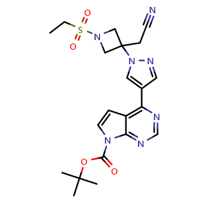 Chemical structure of 4-[1-[3-(cyanomethyl)-1-(ethylsulfonyl)-3-azetidinyl]-1H-pyrazol-4-yl]- 7H-Pyrrolo[2,3-d]pyrimidine-7-carboxylic acid 1,1-dimethylethyl ester , CAS 2055723-13-0, AChemBlock X189584