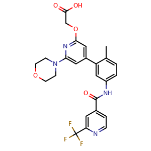 Chemical structure of 2-((4-(2-methyl-5-(2-(trifluoromethyl)isonicotinamido)phenyl)-6-morpholinopyridin-2-yl)oxy)acetic acid , AChemBlock X189607