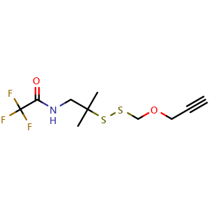 Chemical structure of 2,2,2-trifluoro-N-(2-methyl-2-(((prop-2-yn-1-yloxy)methyl)disulfaneyl)propyl)acetamide , CAS 2093408-99-0, AChemBlock X189610