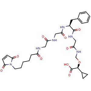 Chemical structure of (2S)-2-cyclopropyl-2-[[[2-[[(2S)-2-[[2-[[2-[6-(2,5-dioxopyrrol-1-yl)hexanoylamino]acetyl]amino]acetyl]amino]-3-phenyl-propanoyl]amino]acetyl]amino]methoxy]acetic acid , CAS 2626930-84-3, AChemBlock X189629