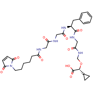 Chemical structure of (2R,10S)-10-benzyl-2-cyclopropyl-23-(2,5-dioxo-2,5-dihydro-1H-pyrrol-1-yl)-6,9,12,15,18-pentaoxo-3-oxa-5,8,11,14,17-pentaazatricosanoic acid , CAS 2626930-80-9, AChemBlock X189630