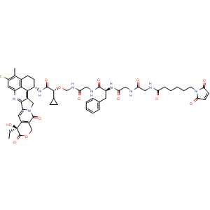 Chemical structure of N-((2R,10S)-10-benzyl-2-cyclopropyl-1-(((1S,9S)-9-ethyl-5-fluoro-9-hydroxy-4-methyl-10,13-dioxo-2,3,9,10,13,15-hexahydro-1H,12H-benzo[de]pyrano[3',4':6,7]indolizino[1,2-b]quinolin-1-yl)amino)-1,6,9,12,15-pentaoxo-3-oxa-5,8,11,14-tetraazahexadecan-16-.. , CAS 2414254-51-4, AChemBlock X189631