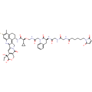 Chemical structure of N-((2S,10S)-10-benzyl-2-cyclopropyl-1-(((1S,9S)-9-ethyl-5-fluoro-9-hydroxy-4-methyl-10,13-dioxo-2,3,9,10,13,15-hexahydro-1H,12H-benzo[de]pyrano[3',4':6,7]indolizino[1,2-b]quinolin-1-yl)amino)-1,6,9,12,15-pentaoxo-3-oxa-5,8,11,14-tetraazahexadecan-16-.. , CAS 2414254-52-5, AChemBlock X189632