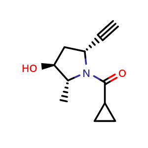 Chemical structure of cyclopropyl((2R,3S,5R)-5-ethynyl-3-hydroxy-2-methylpyrrolidin-1-yl)methanone , AChemBlock X189636