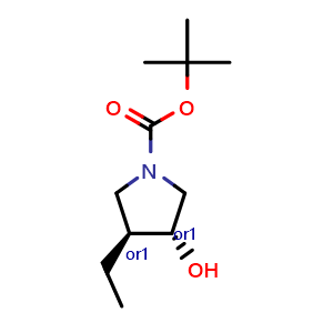 Chemical structure of tert-butyl trans-3-ethyl-4-hydroxy-pyrrolidine-1-carboxylate , CAS 1228880-43-0, AChemBlock X189638