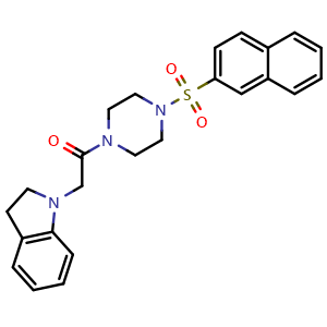 Chemical structure of 2-(indolin-1-yl)-1-(4-(naphthalen-2-ylsulfonyl)piperazin-1-yl)ethan-1-one , CAS 871096-98-9, AChemBlock X189730