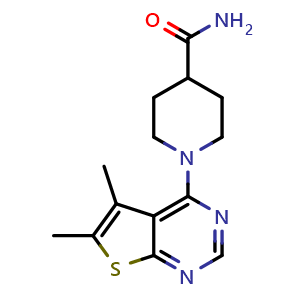 Chemical structure of 1-(5,6-dimethylthieno[2,3-d]pyrimidin-4-yl)piperidine-4-carboxamide , CAS 785705-53-5, AChemBlock X189734