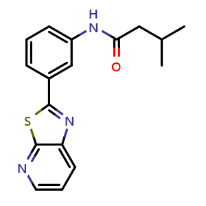 Chemical structure of 3-methyl-N-(3-(thiazolo[5,4-b]pyridin-2-yl)phenyl)butanamide , CAS 863592-53-4, AChemBlock X189739
