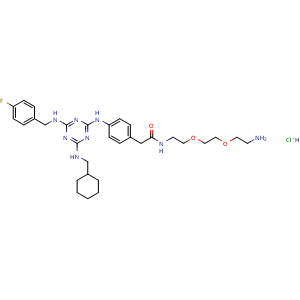Chemical structure of N-(2-(2-(2-aminoethoxy)ethoxy)ethyl)-2-(4-((4-((cyclohexylmethyl)amino)-6-((4-fluorobenzyl)amino)-1,3,5-triazin-2-yl)amino)phenyl)acetamide hydrochloride , CAS 2070014-95-6, AChemBlock X189744