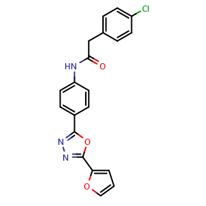 Chemical structure of 2-(4-chlorophenyl)-N-(4-(5-(furan-2-yl)-1,3,4-oxadiazol-2-yl)phenyl)acetamide , CAS 370854-75-4, AChemBlock X189745