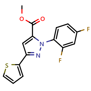 Chemical structure of methyl 1-(2,4-difluorophenyl)-3-(thiophen-2-yl)-1H-pyrazole-5-carboxylate , CAS 1202028-96-3, AChemBlock X189753
