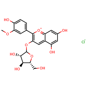 3-(((3S,4S,5R)-3,4-dihydroxy-5-(hydroxymethyl)tetrahydrofuran-2-yl)oxy)-5,7-dihydroxy-2-(4-hydroxy-3-methoxyphenyl)chromenylium chloride