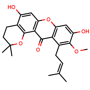 Chemical structure of 5,9-dihydroxy-10-methoxy-2,2-dimethyl-11-(3-methylbut-2-en-1-yl)-3,4-dihydro-2H,12H-pyrano[2,3-a]xanthen-12-one , CAS 19275-44-6, AChemBlock X189796