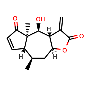 Chemical structure of (3aS,4S,4aR,7aR,8R,9aS)-4-hydroxy-4a,8-dimethyl-3-methylene-3,3a,4,4a,7a,8,9,9a-octahydroazuleno[6,5-b]furan-2,5-dione , CAS 97643-91-9, AChemBlock X189798