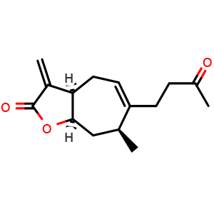 Chemical structure of (3aR,7S,8aR)-7-methyl-3-methylene-6-(3-oxobutyl)-3,3a,4,7,8,8a-hexahydro-2H-cyclohepta[b]furan-2-one , CAS 33649-15-9, AChemBlock X189802