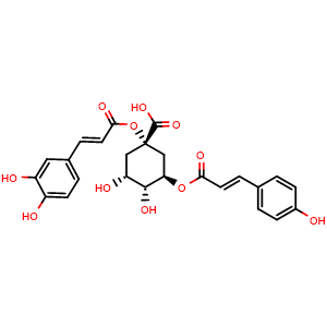 Chemical structure of (1S,3R,4R,5R)-1-(((E)-3-(3,4-dihydroxyphenyl)acryloyl)oxy)-3,4-dihydroxy-5-(((E)-3-(4-hydroxyphenyl)acryloyl)oxy)cyclohexane-1-carboxylic acid , CAS 1401532-34-0, AChemBlock X189804