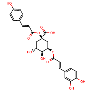 Chemical structure of (1R,3R,4S,5R)-3-(((E)-3-(3,4-dihydroxyphenyl)acryloyl)oxy)-4,5-dihydroxy-1-(((E)-3-(4-hydroxyphenyl)acryloyl)oxy)cyclohexane-1-carboxylic acid , CAS 2459224-35-0, AChemBlock X189805