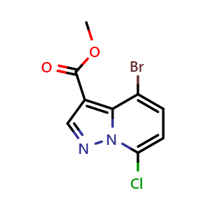 Chemical structure of methyl 4-bromo-7-chloropyrazolo[1,5-a]pyridine-3-carboxylate , CAS 2167358-38-3, AChemBlock X189817