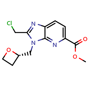 Chemical structure of Methyl (S)-2-(Chloromethyl)-3-(oxetan-2-ylmethyl)-3H-imidazo[4,5-b]pyridine-5-carboxylate , CAS 2230200-79-8, AChemBlock X189864