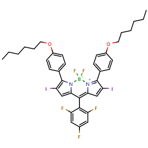 Chemical structure of 5,5-Difluoro-3,7-bis[4-(hexyloxy)phenyl]-2,8-diiodo-10-(2,4,6-trifluorophenyl)-5H-dipyrrolo[1,2-c:2',1'-f][1,3,2]diazaborinin-4-ium-5-uide , AChemBlock X189881
