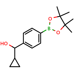 Chemical structure of cyclopropyl(4-(4,4,5,5-tetramethyl-1,3,2-dioxaborolan-2-yl)phenyl)methanol , CAS 1802670-05-8, AChemBlock X189896