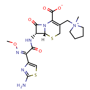 Chemical structure of (6R,7R)-7-[(Z)-2-(2-Amino-4-thiazolyl)-2-(methoxyimino)acetamido]-3-[(1-methylpyrrolidin-1-ium-1-yl)methyl]-8-oxo-5-thia-1-azabicyclo[4.2.0]oct-2-ene-2-carboxylate , CAS 88040-23-7, AChemBlock X189904