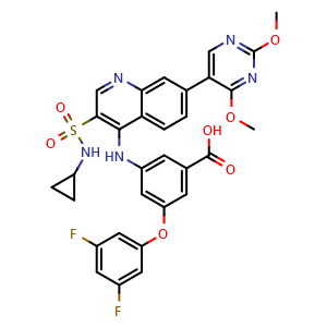 Chemical structure of 3-[[3-(cyclopropylsulfamoyl)-7-(2,4-dimethoxypyrimidin-5-yl)-4-quinolyl]amino]-5-(3,5-difluorophenoxy)benzoic acid , CAS 1445879-21-9, AChemBlock X189918