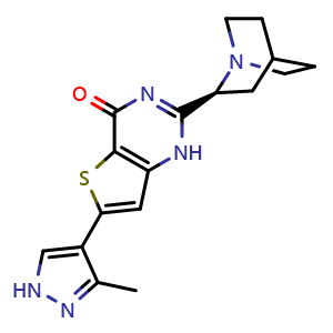 Chemical structure of 2-[(2S)-1-azabicyclo[2.2.2]octan-2-yl]-6-(3-methyl-1H-pyrazol-4-yl)-1H,4H-thieno[3,2-d]pyrimidin-4-one , CAS 1330782-76-7, AChemBlock X189919