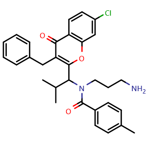 Chemical structure of N-(3-aminopropyl)-N-[1-(3-benzyl-7-chloro-4-oxo-chromen-2-yl)-2-methyl-propyl]-4-methyl-benzamide , CAS 618430-34-5, AChemBlock X189920