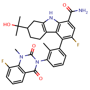 Chemical structure of 3-fluoro-4-[3-(8-fluoro-1-methyl-2,4-dioxo-quinazolin-3-yl)-2-methyl-phenyl]-7-(1-hydroxy-1-methyl-ethyl)-6,7,8,9-tetrahydro-5H-carbazole-1-carboxamide , CAS 1643368-59-5, AChemBlock X189924