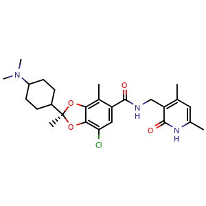 Chemical structure of (2S)-7-chloro-2-[4-(dimethylamino)cyclohexyl]-N-[(4,6-dimethyl-2-oxo-1H-pyridin-3-yl)methyl]-2,4-dimethyl-1,3-benzodioxole-5-carboxamide , AChemBlock X189927