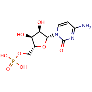 Chemical structure of [(2R,3S,4R,5R)-5-(4-amino-2-oxo-pyrimidin-1-yl)-3,4-dihydroxy-tetrahydrofuran-2-yl]methyl dihydrogen phosphate , CAS 63-37-6, AChemBlock X189946