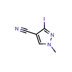 Chemical structure of 3-iodo-1-methyl-pyrazole-4-carbonitrile , CAS 2297689-28-0, AChemBlock X189957