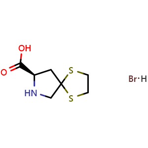Chemical structure of (8R)-1,4-dithia-7-azaspiro[4.4]nonane-8-carboxylic acid;hydrobromide , CAS 2940876-70-8, AChemBlock X189968
