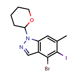 Chemical structure of 4-bromo-5-iodo-6-methyl-1-tetrahydropyran-2-yl-indazole , CAS 2791273-76-0, AChemBlock X189970