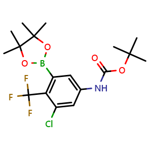 Chemical structure of tert-butyl N-[3-chloro-5-(4,4,5,5-tetramethyl-1,3,2-dioxaborolan-2-yl)-4-(trifluoromethyl)phenyl]carbamate , CAS 3034514-24-1, AChemBlock X189982