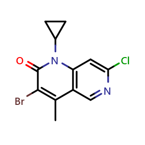 Chemical structure of 3-bromo-7-chloro-1-cyclopropyl-4-methyl-1,6-naphthyridin-2-one , CAS 2831908-81-5, AChemBlock X189997