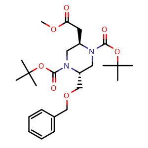 Chemical structure of ditert-butyl (2R,5R)-2-(benzyloxymethyl)-5-(2-methoxy-2-oxo-ethyl)piperazine-1,4-dicarboxylate , CAS 2920239-83-2, AChemBlock X190024