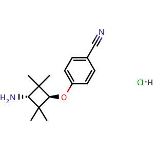 Chemical structure of trans-4-(3-amino-2,2,4,4-tetramethyl-cyclobutoxy)benzonitrile hydrochloride , AChemBlock X190034