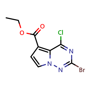 Chemical structure of ethyl 2-bromo-4-chloro-pyrrolo[2,1-f][1,2,4]triazine-5-carboxylate , CAS 2920405-35-0, AChemBlock X190057