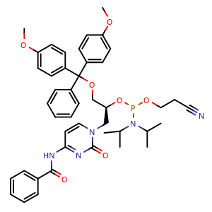 Chemical structure of N-[1-[(2S)-3-[bis(4-methoxyphenyl)-phenyl-methoxy]-2-[2-cyanoethoxy-(diisopropylamino)phosphanyl]oxy-propyl]-2-oxo-pyrimidin-4-yl]benzamide , CAS 885322-06-5, AChemBlock X190084
