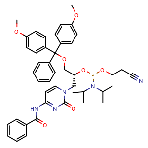 Chemical structure of N-[1-[(2R)-3-[bis(4-methoxyphenyl)-phenyl-methoxy]-2-[2-cyanoethoxy-(diisopropylamino)phosphanyl]oxy-propyl]-2-oxo-pyrimidin-4-yl]benzamide , CAS 2023779-58-8, AChemBlock X190085